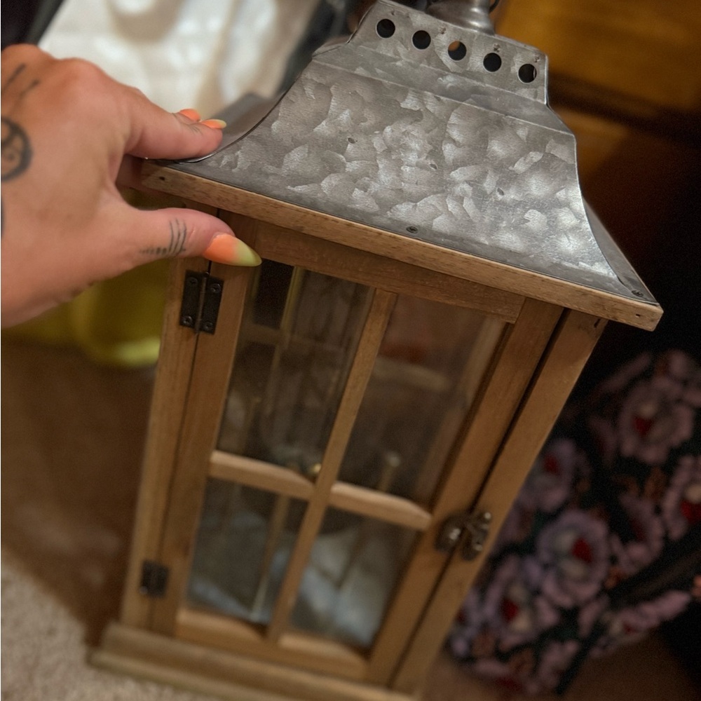 Large Hobby Lobby Natural Wood and Silver Lantern